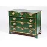 A D.Maria style green lacquered chest of drawersPainted and gilt wood Three short and three long