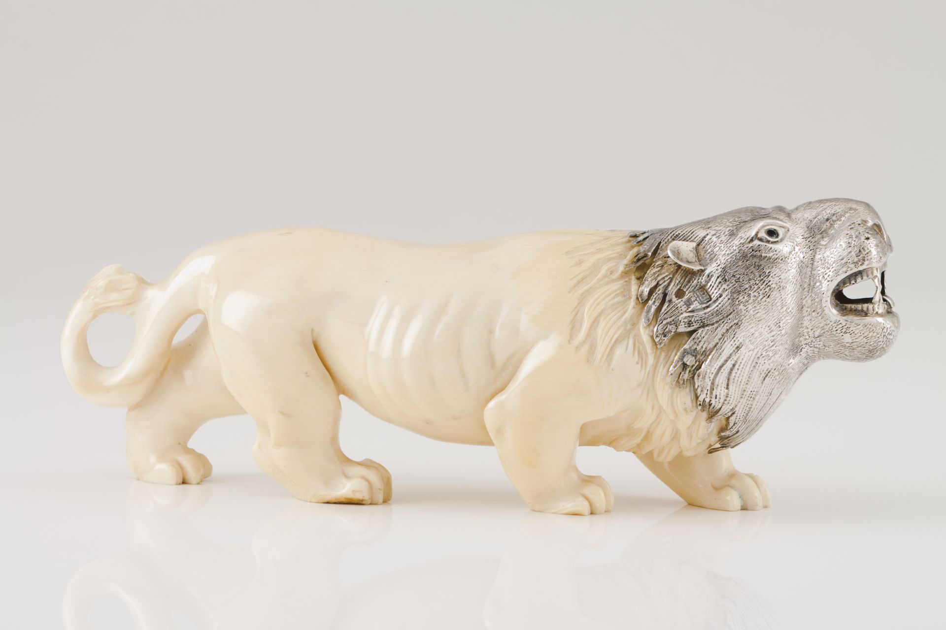 A Luiz Ferreira tigerSilver and ivory Sculpture of applied moulded, engraved and chiselled head