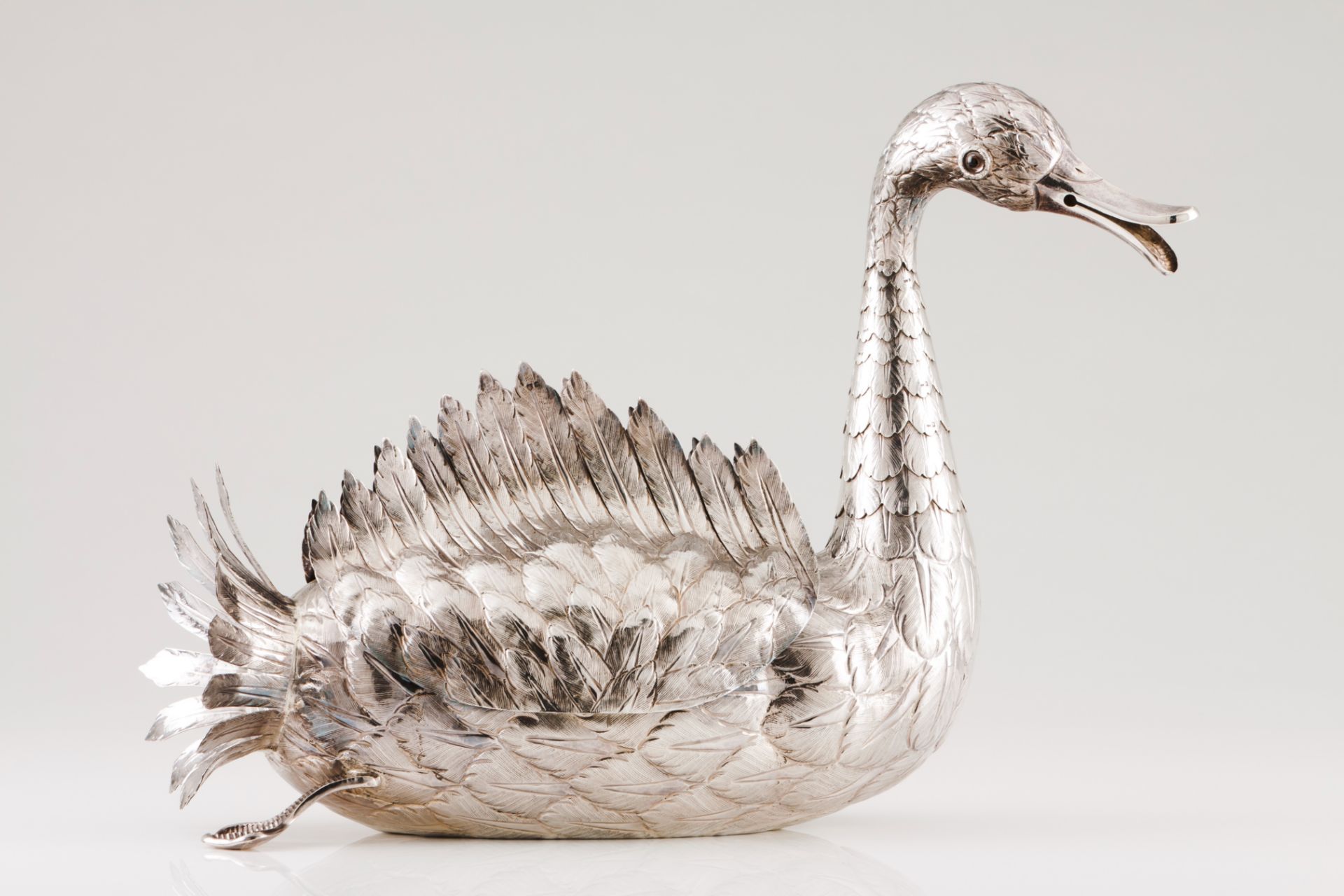 A swanPortuguese silver Moulded, scalloped and chiselled structure Articulated wings, neck and