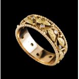 A ring bandGold Raised chiselled leaves decoration set with small diamonds Later marked Ram 750/1000