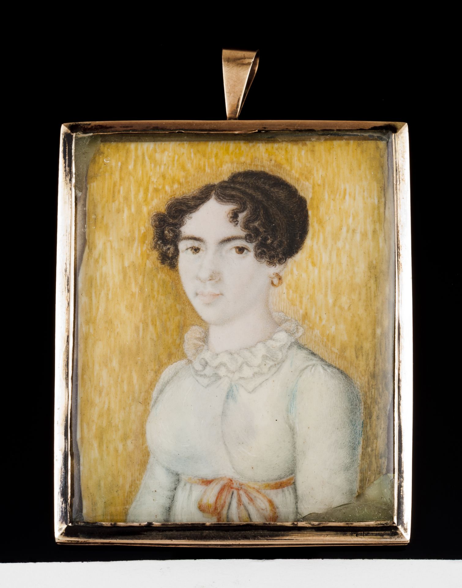 European school 19th centuryPortrait of a lady Painting on ivory Low grade gold frame unmarked in