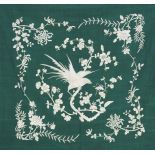 A bedspreadBedspread and two cushion covers White silk thread embroidered green silk Birds,