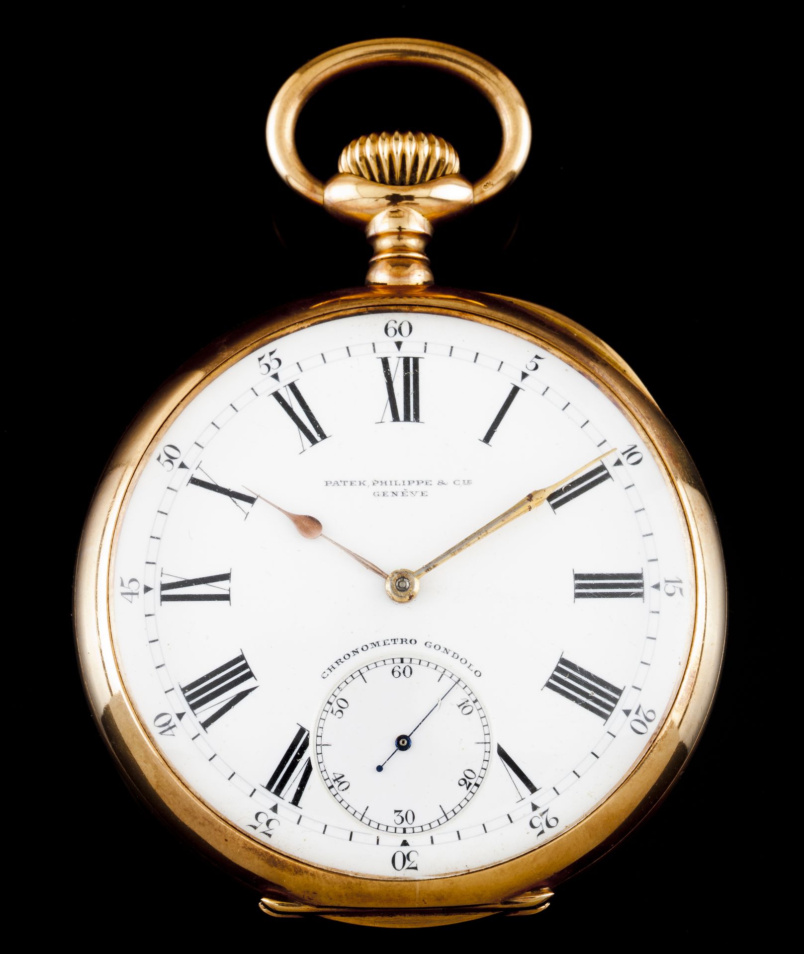A Patek Philippe Chronometro GondoloGold 750/1000 pocket watch White enamelled dial of Roman