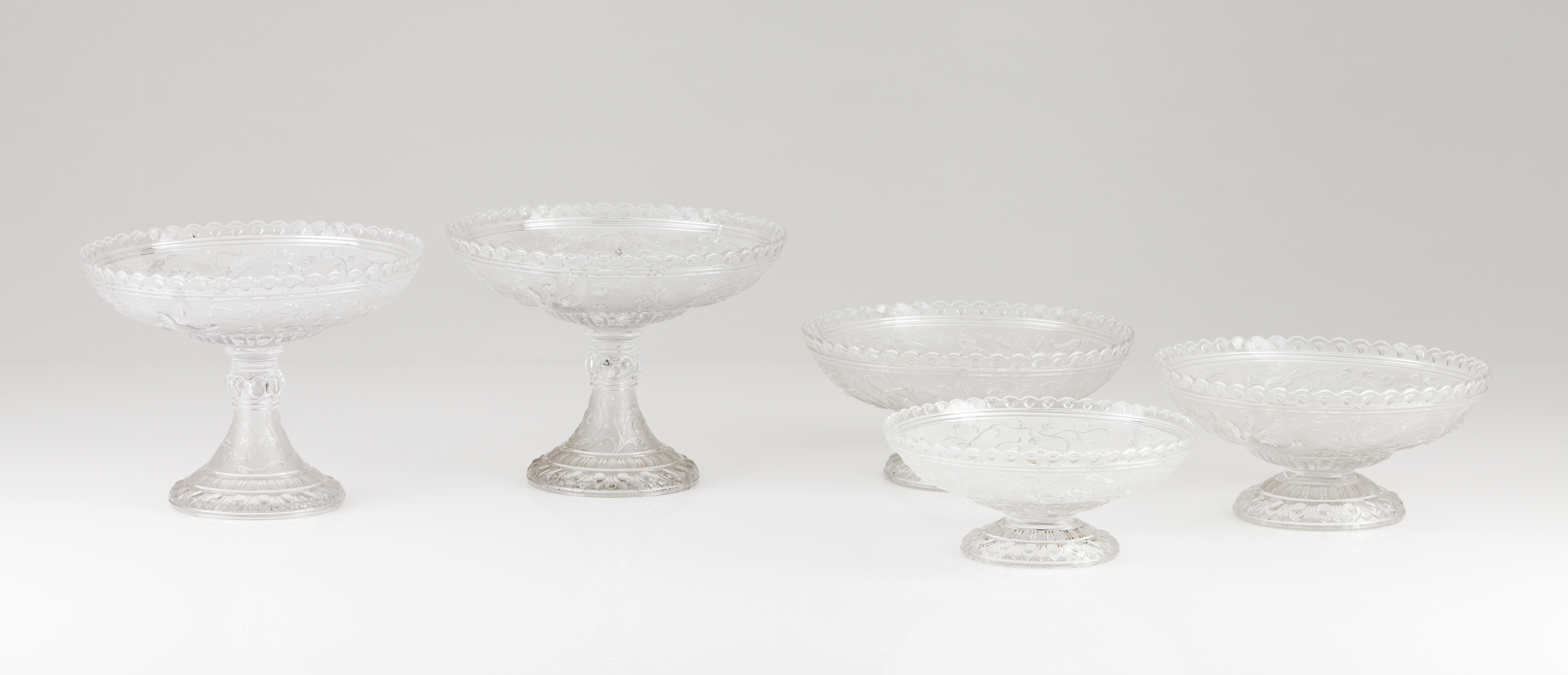 A set of five Baccarat fruit bowlsChrystal Moulded decoration of birds and floral motifs Marked to