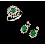 A pair of earrings and ringGold and Portuguese gold Ring set with oval cut emerald (ca. 5x4 mm)