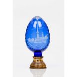 A staircase finialBlue glass of acid etched decoration with landscape and church Metal fitting