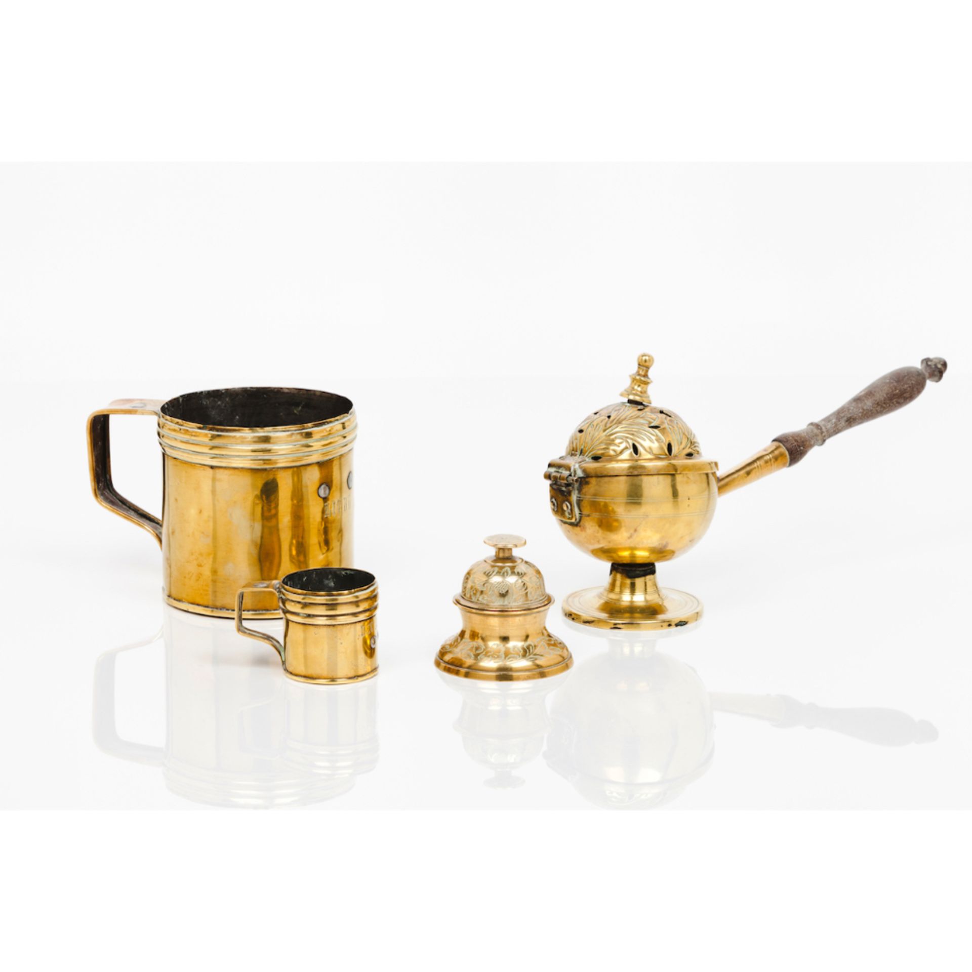 A group of four piecesPerfume burner, bell and two measures Brass (signs of wear, losses to