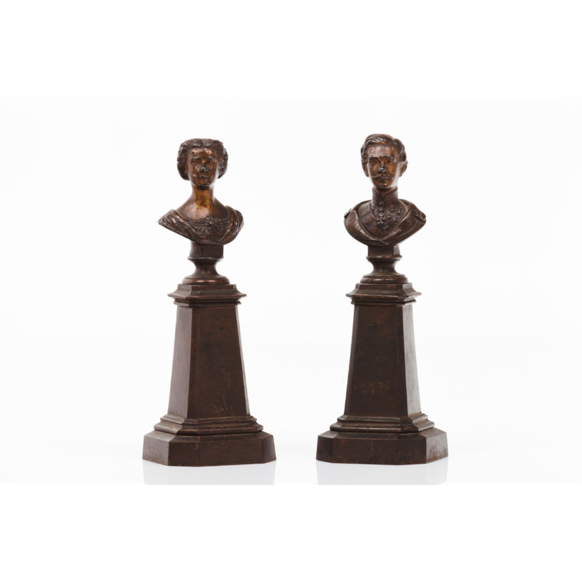 A pair of bustsPossibly King Alfonso XII of Spain and Queen Maria Cristina of Habsburg Patinated