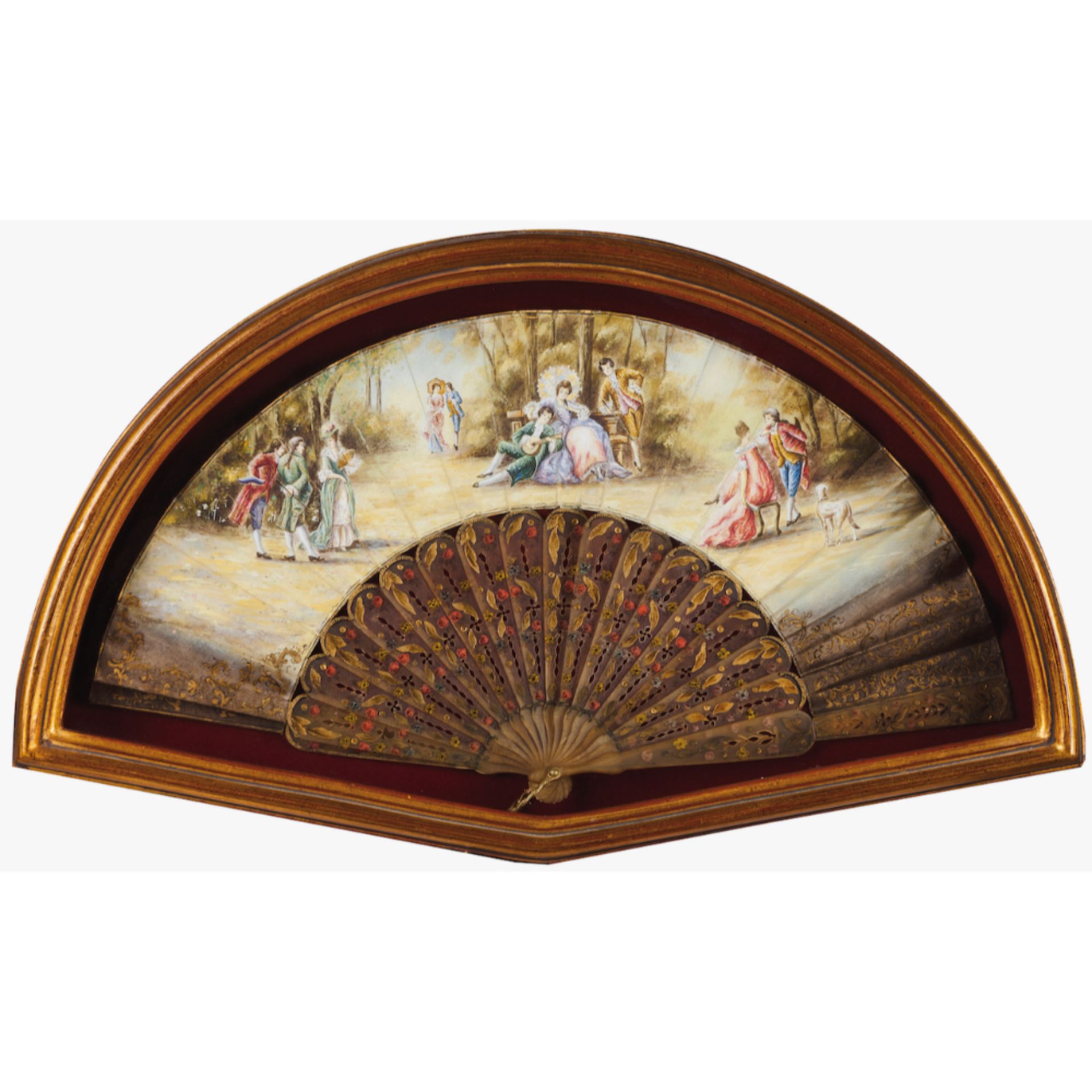 A fanHorn frame of pierced and gilt decoration Painted paper leaf with courting scenes Europe,