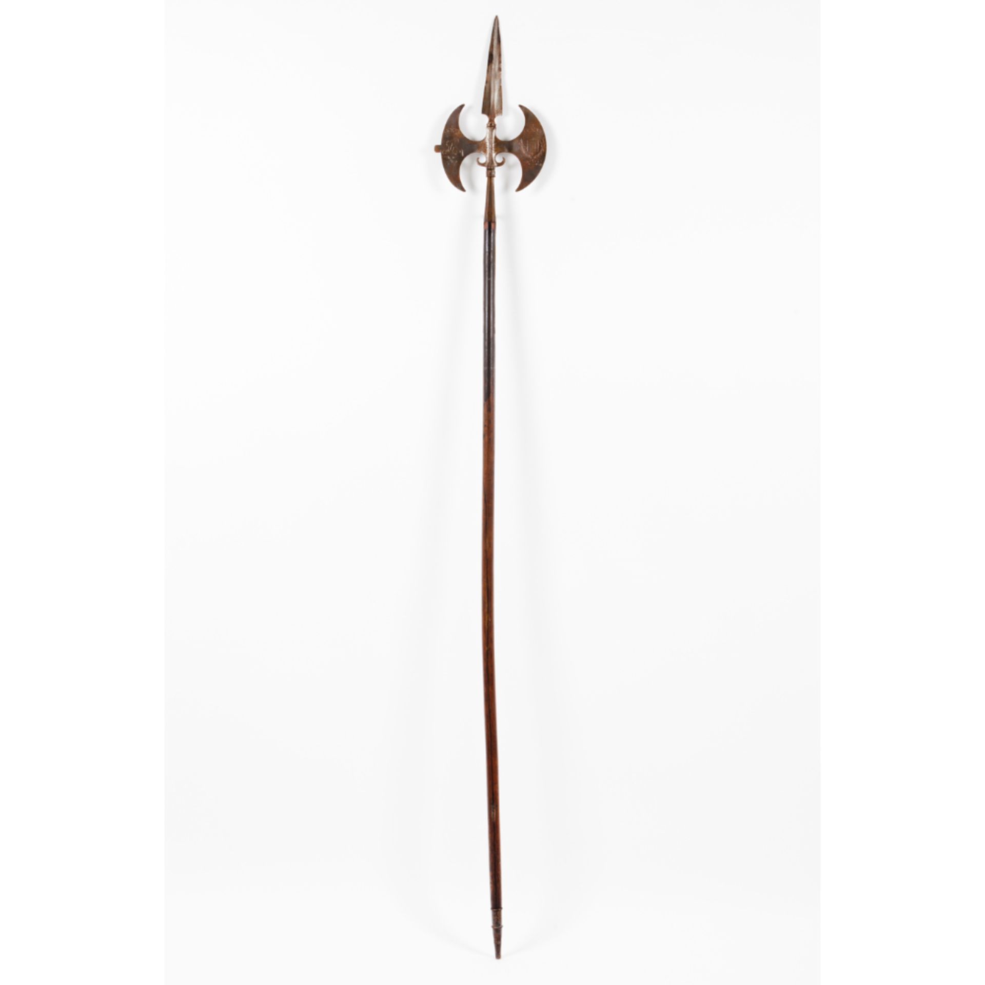 An halberd for Royal House archerBrazilian mahogany and wrought iron Engraved decoration to both