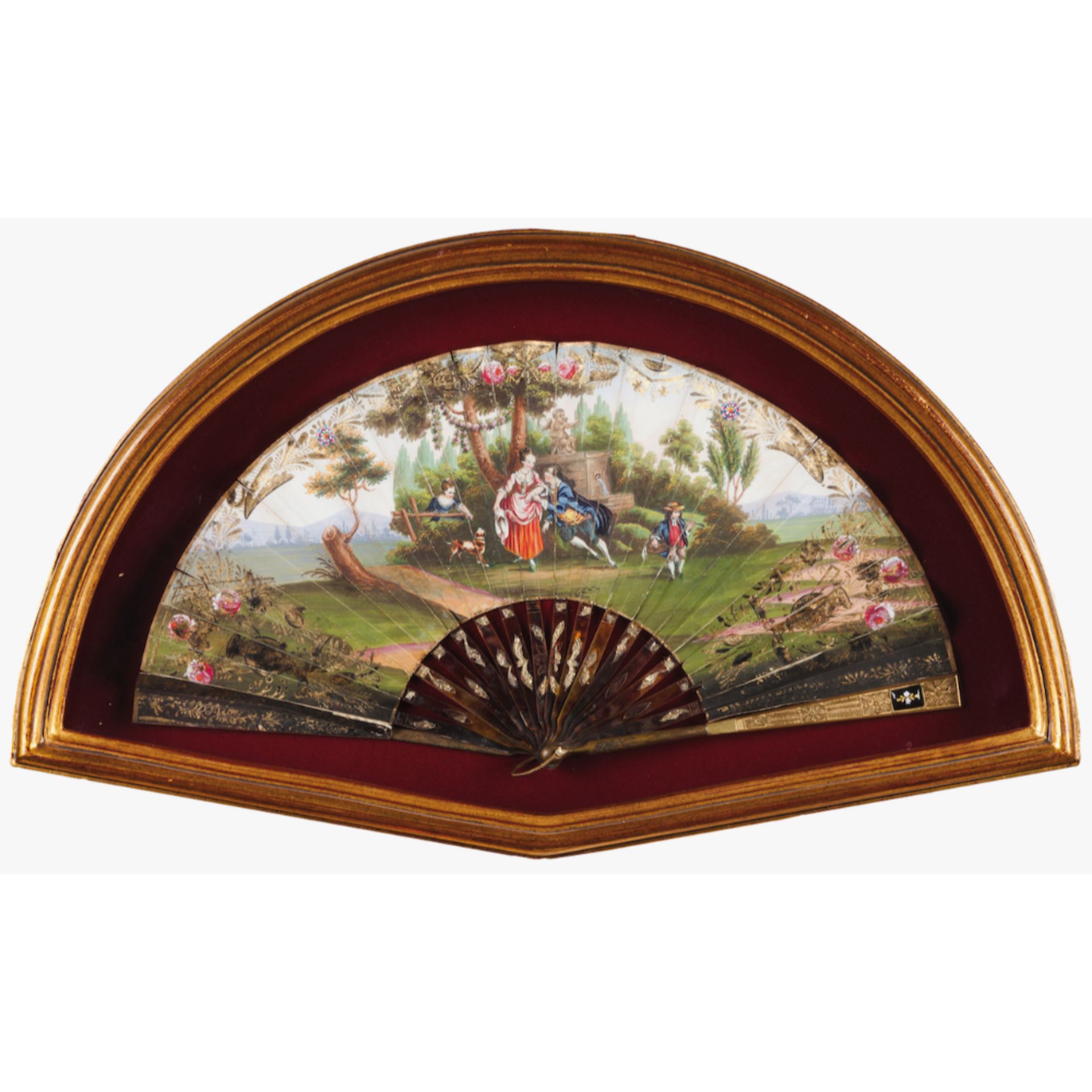 A fanTortoiseshell and wooden frame Painted paper leaf with courting scene Europe, 19th century (