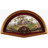 A fanTortoiseshell and wooden frame Painted paper leaf with courting scene Europe, 19th century (