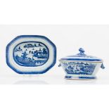 A tureen with cover and trayChinese export porcelain Blue decoration of river view and pagodas