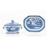 A tureen with cover and trayChinese export porcelain Blue decoration with river view and pagodas