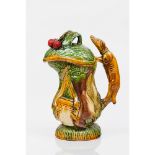 A jug and coverFaience Polychrome yellow and green decoration Cover marked "H. ELIAS/CALDAS/DA/