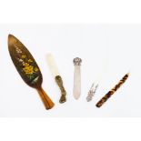 A set of five letter openersPainted wood, bone, tortoiseshell, silver and bronze Europe, 19th