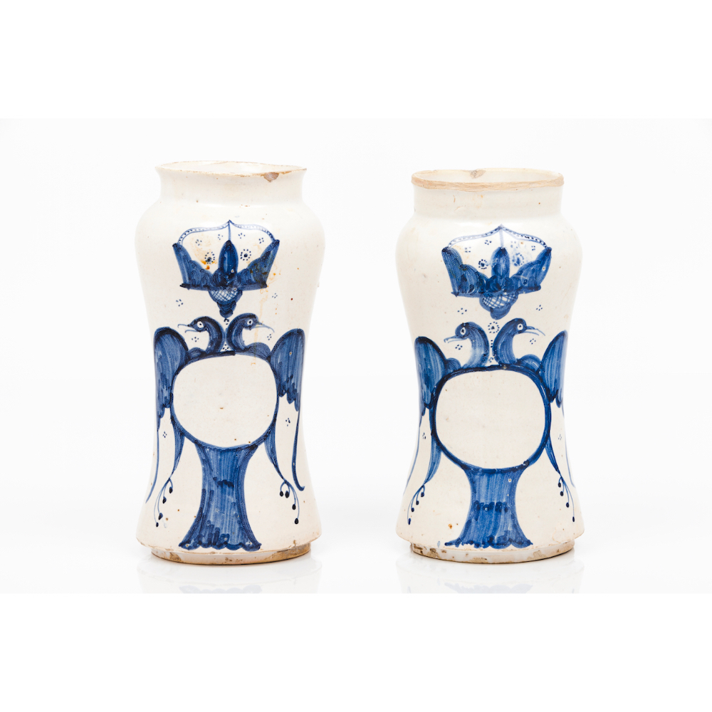 A pair of cylindrical vasesBlue decoration of crowned double headed eagle 17th/18th century (minor