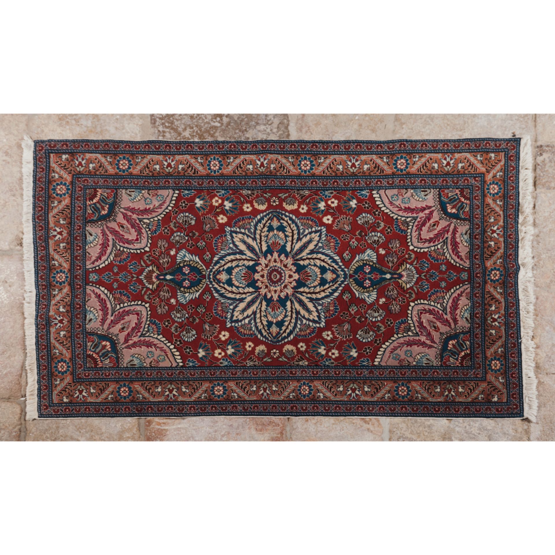 A Kayseri rugWool and cotton Foliage pattern in burgundy, blue, beige and green shades223x146cm