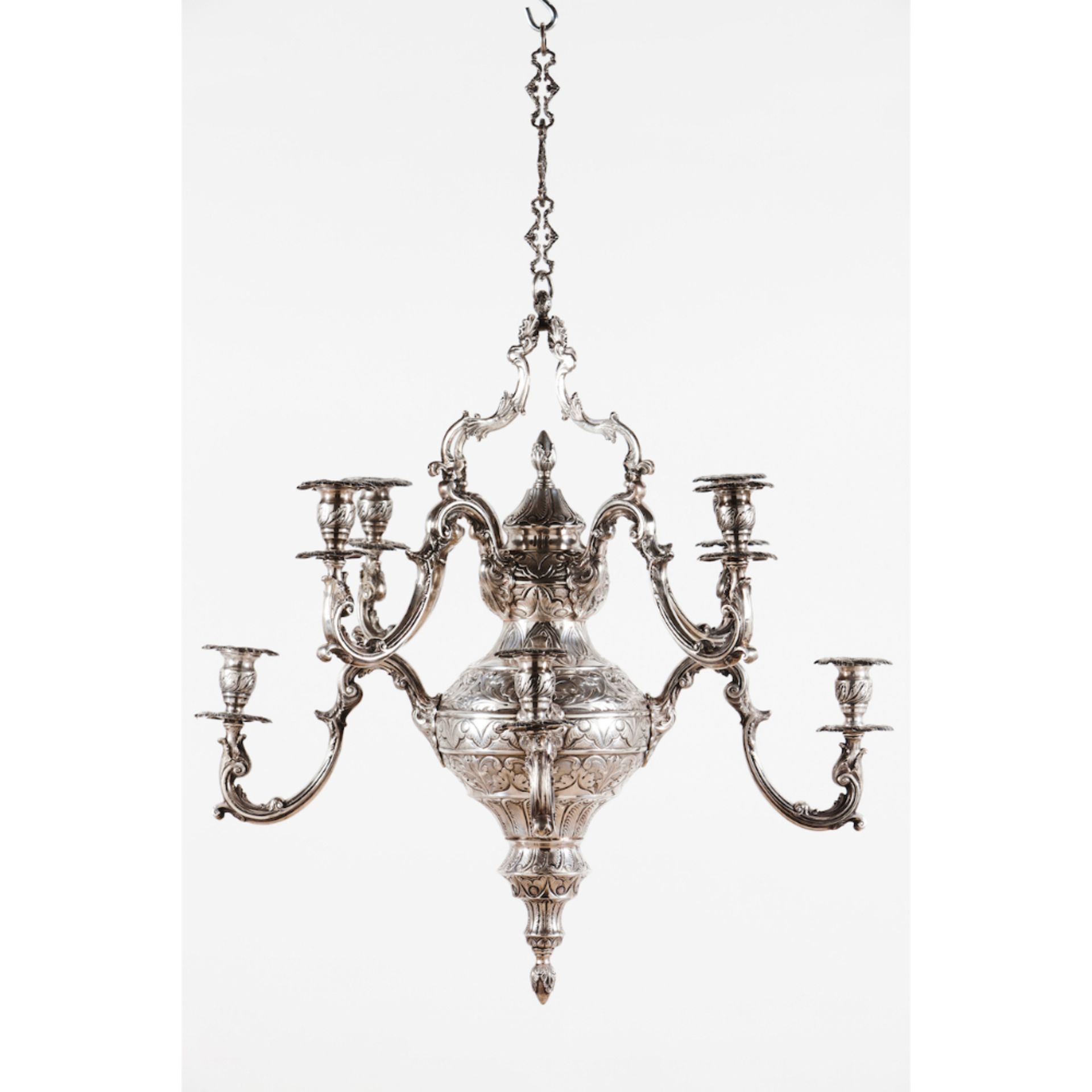 An important eight branch chandelierBrazilian silver Profuse reliefs decoration of foliage motifs