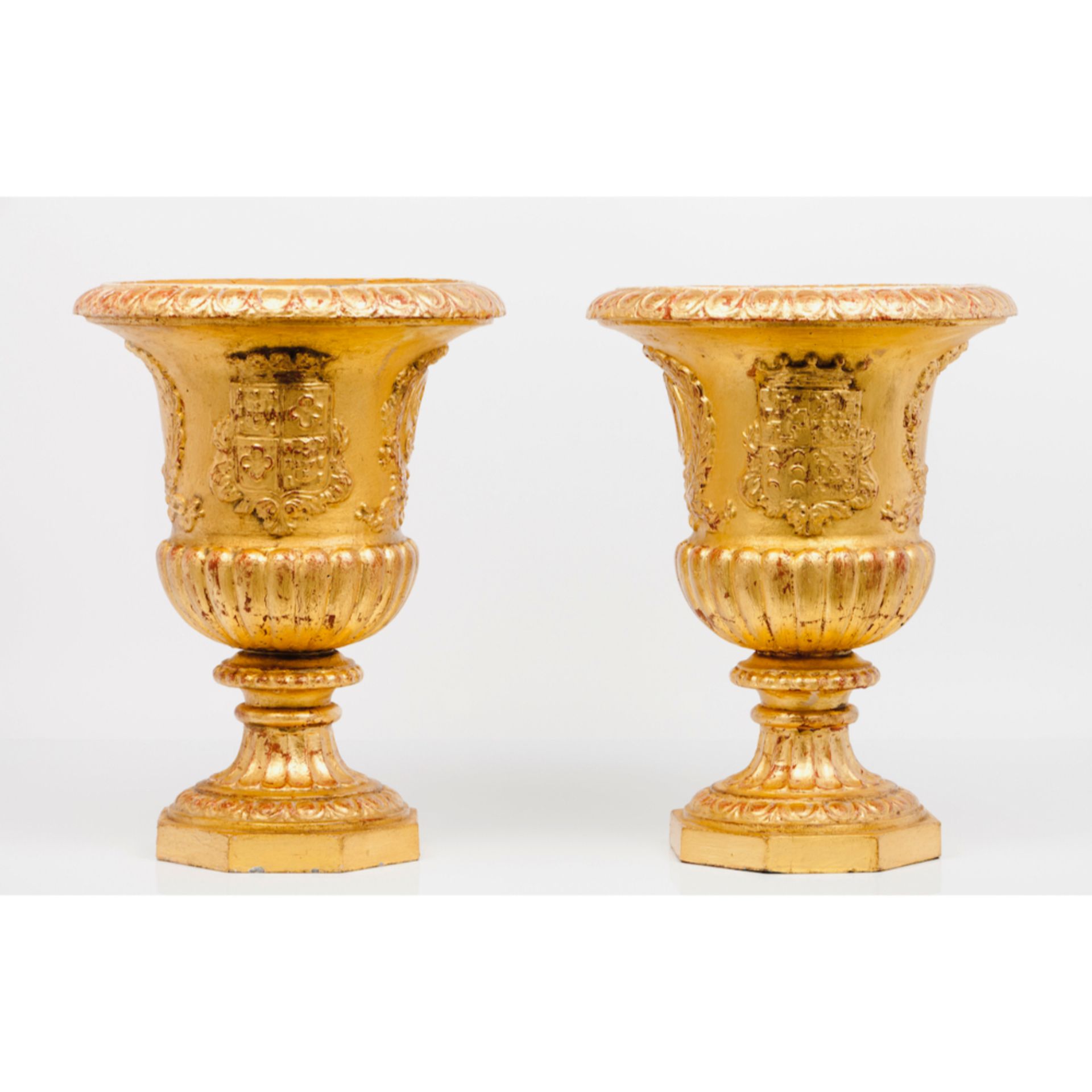 A pair of cachepotsGilt bronze Engraved with heraldic shields for the Count of Póvoa and the Duke of
