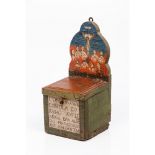 A wall mounted donations boxPainted wood Polychrome decoration depicting souls in purgatory and