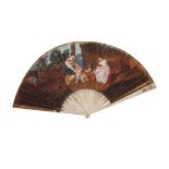 A fanIvory frame of pierced mythological scene decoration Painted paper leaf of interior scene