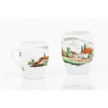 A set of two mugs White opaque glass Polychrome decoration of landscape with buildings Europe,