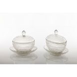 A pair of compote bowls with trayCut crystal Striated friezes and foliage motifs decoration