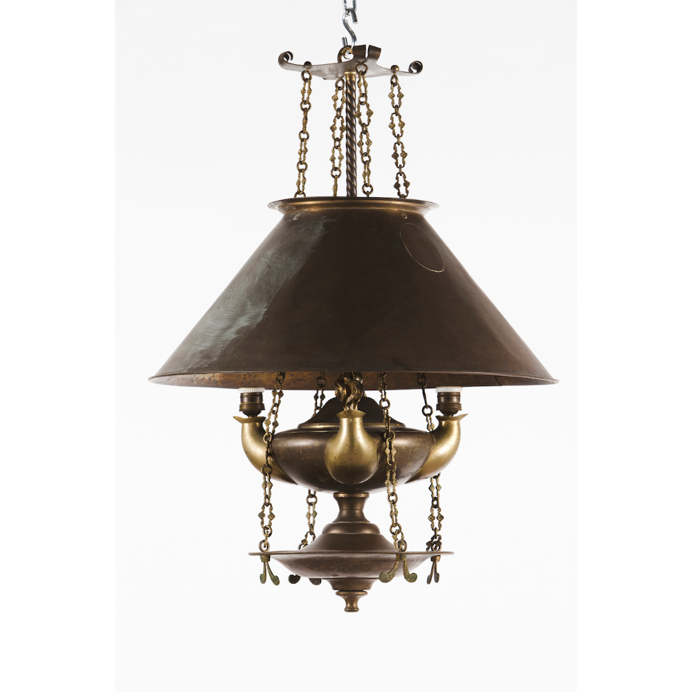 A two branch ceiling oil lamp wired for electricityBrass80x60cm