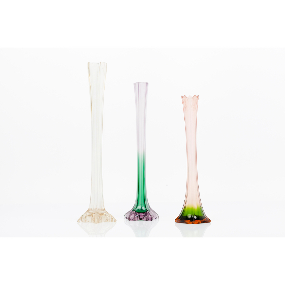 A set of three Art Nouveau solitaire vasesMulticoloured and translucent glass Europe, ca.