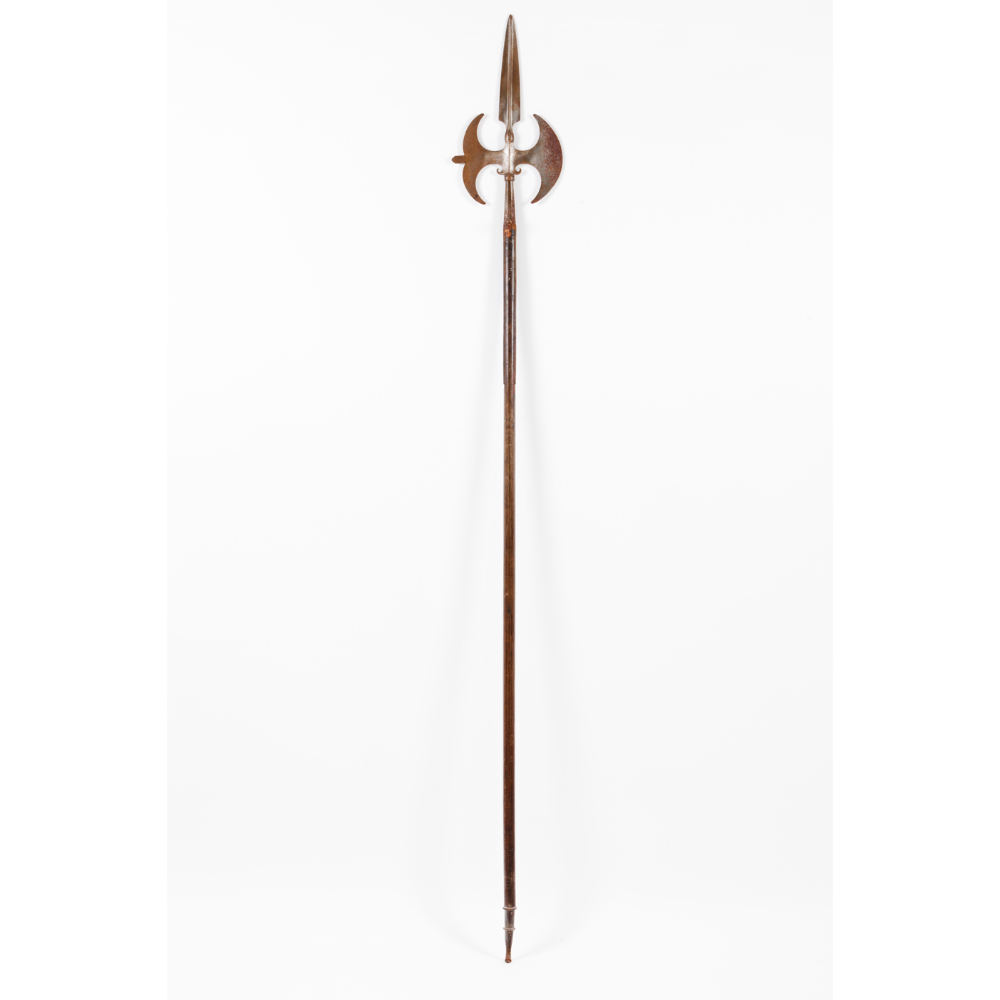 A halberd for Royal House archerBrazilian mahogany and wrought iron Engraved decoration to both