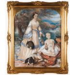 English school, 19th centuryLandscape with woman, child and dog Gouache on paper Signed "J Caw"