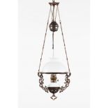 A ceiling lightMetal frame with milk glass shade and fuel vesselHeight: 94 cm