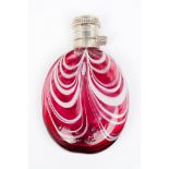 A perfume bottle with stopperGlass Polychrome white and pink decoration Silvered metal stopper (
