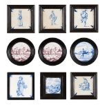 A set of eight tilesTwo of manganese and six of blue decoration Depicting figures Delft, 18th