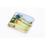 A cigarette caseEnglish silver Guilloche decoration to back and enamelled front with golf player