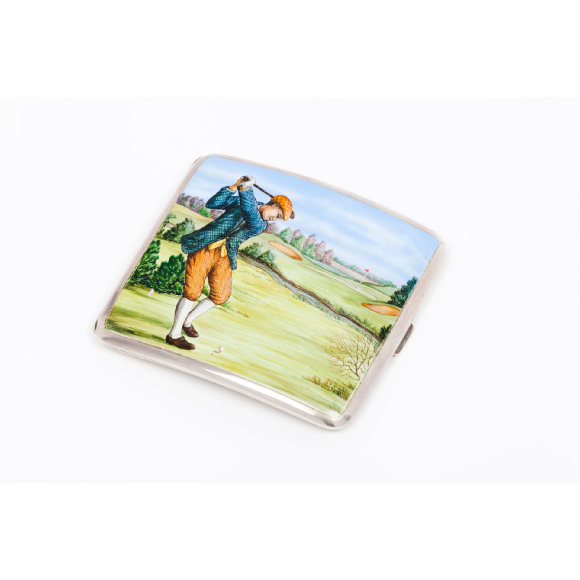 A cigarette caseEnglish silver Guilloche decoration to back and enamelled front with golf player