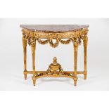 A pair of Louis XVI demi lune console tablesCarved and gilt wood garlands Cross stretchers of urn