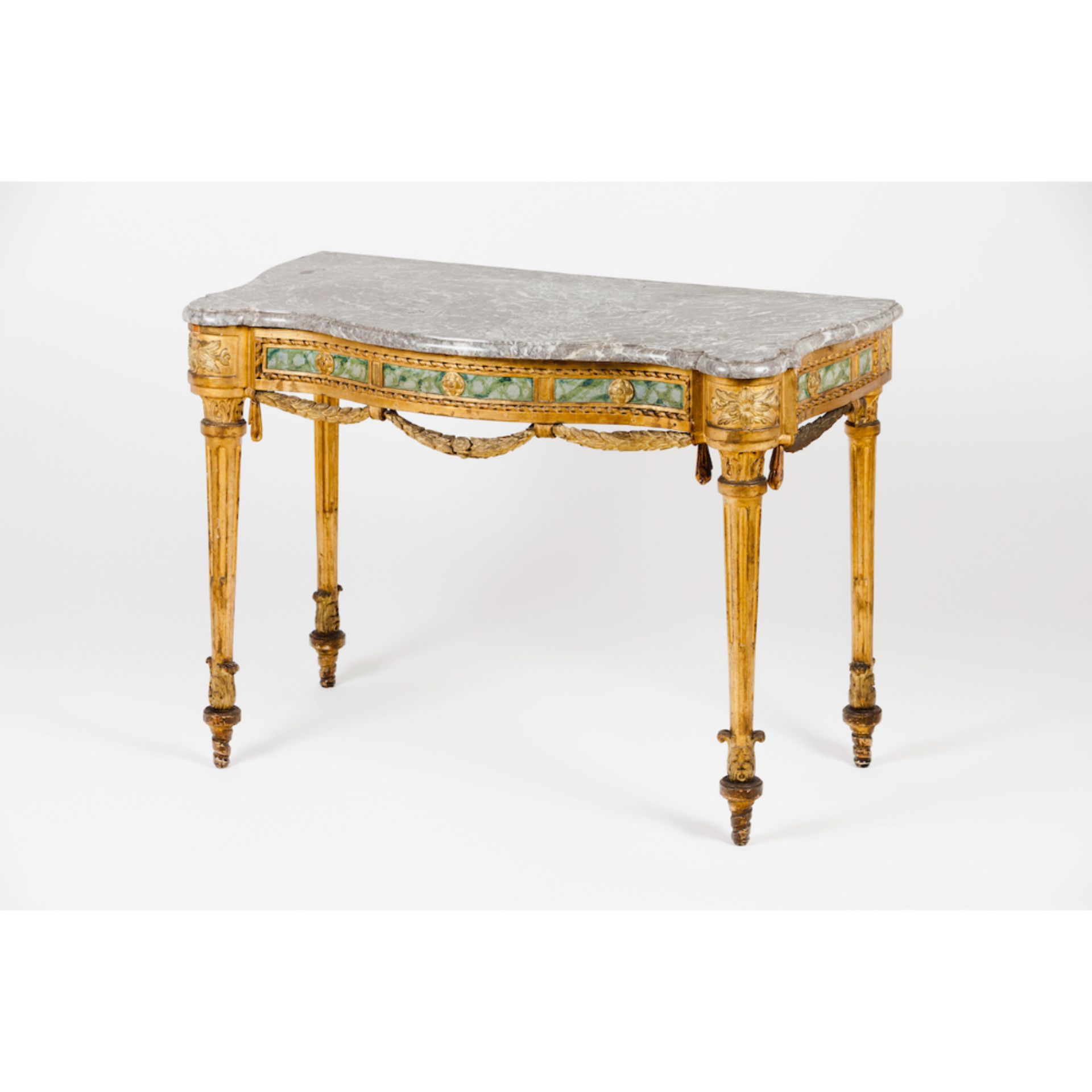 A pair of Neoclassical console tablesWood Gilt, carved and marbled decoration Grey marble - Image 2 of 2