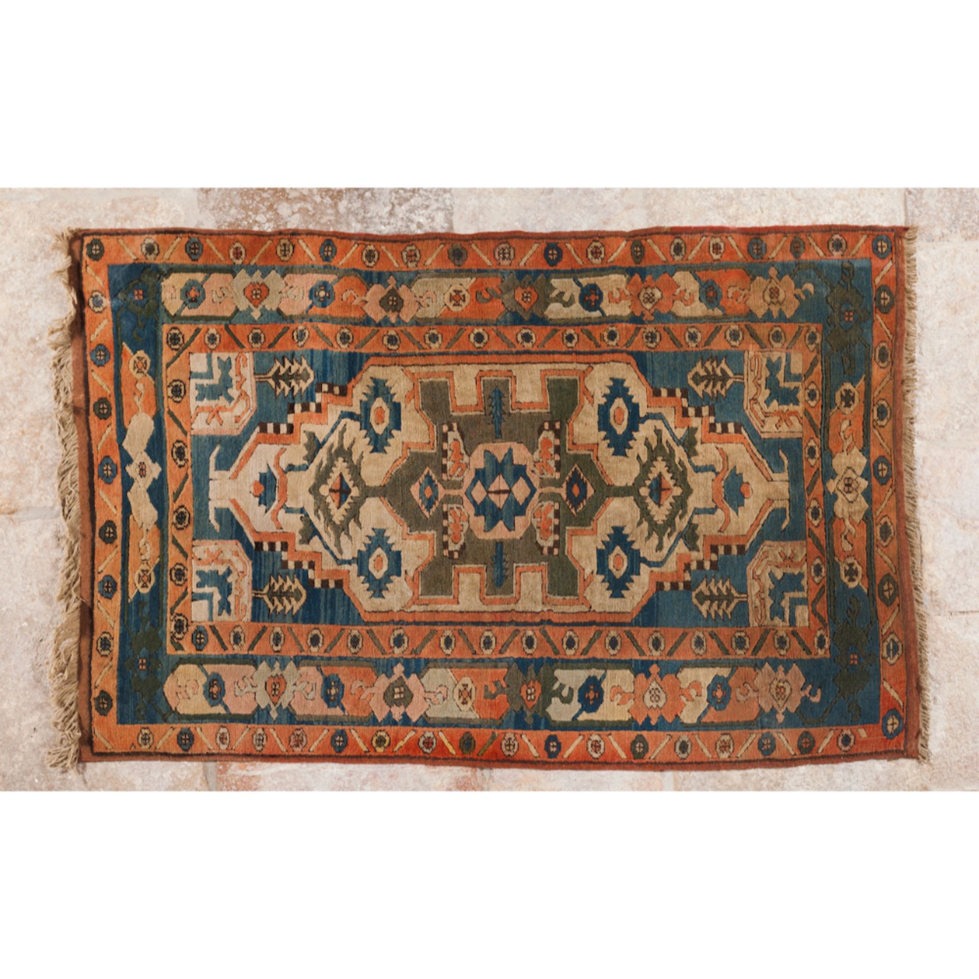 A kars rug, TurkeyIn wool and cotton Geometric design in shades of burgundy, beige and blue (signs