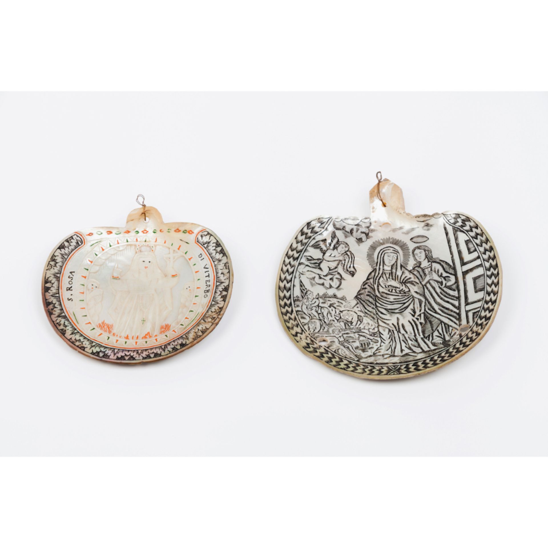 A two shell setMother-of-pearl Incised and sgrafittoed decoration One depicting Saint Rose and the