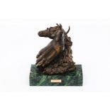 A bull, horse and handPatinated bronze sculpture Marble stand22x20x12cm