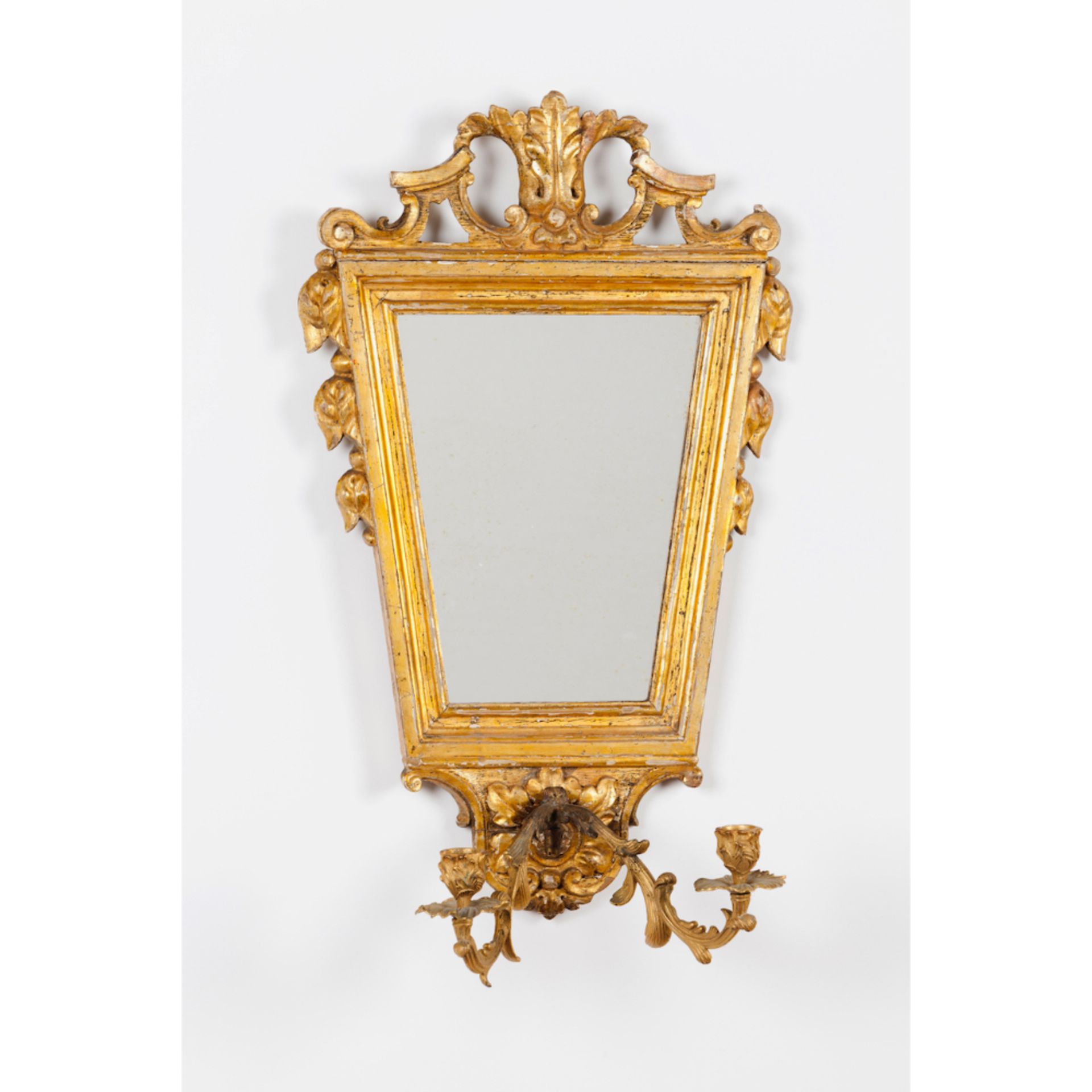 A pair of two branch wall sconcesCarved and gilt wood of foliage motifs decoration Gilt bronze