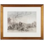 European schoolCountry landscape with figures and animals Charcoal drawing on paper (stained)29,
