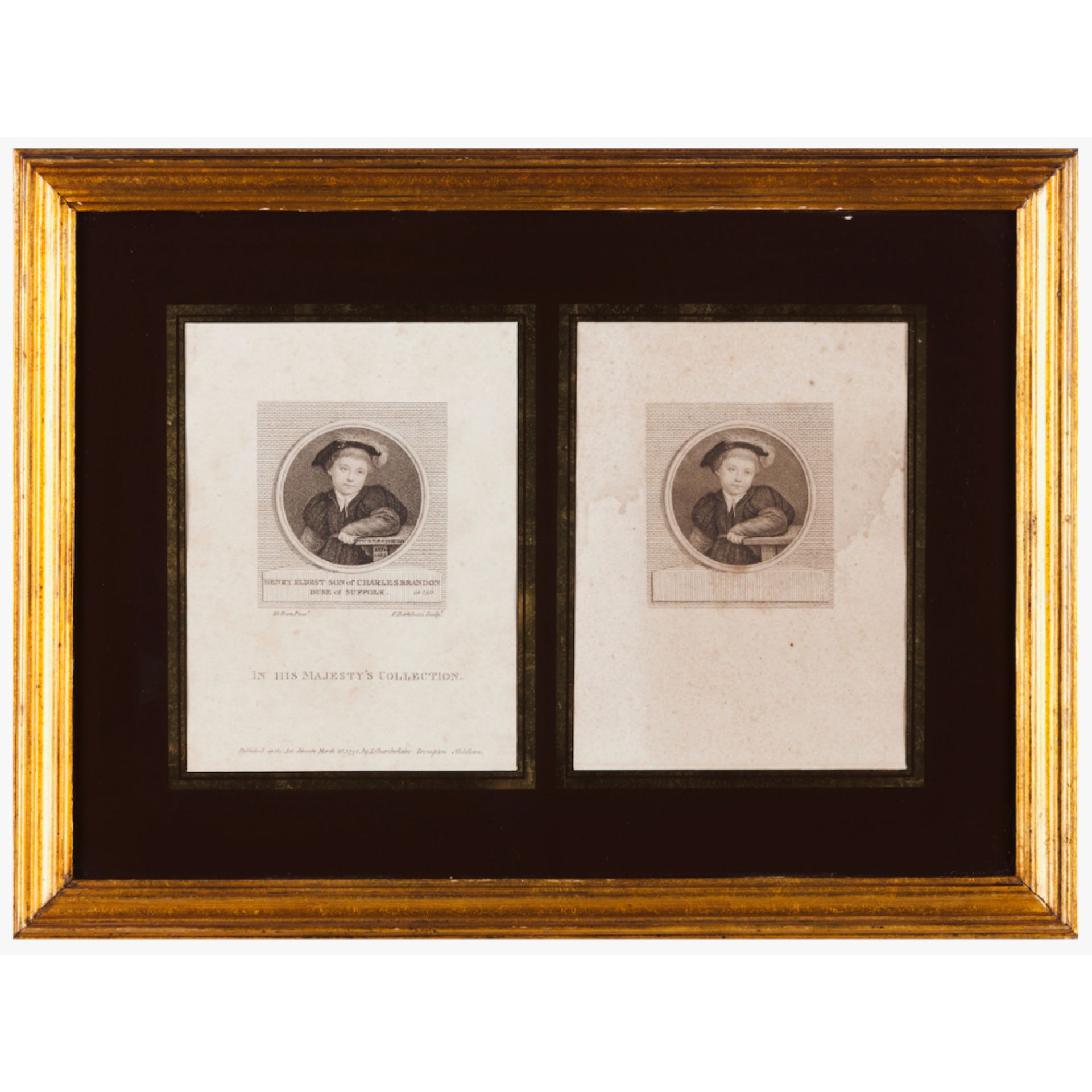 "Henry Eldest Son of Charles Brandon Duke of Suffolk"A pair of black prints on paper After Hans