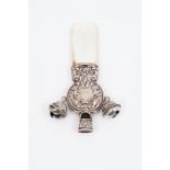 Baby's rattlen silver and mother of pearl Relieved decoration representing birds, masks and plant