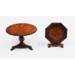 A set of two miniature breakfast tablesSolid, veneered and burr mahogany One signed J.Parker