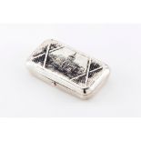 A snuff boxRussian silver, 19th century Niello cover with palace Russian 1854 assay-marks 10x6 cm102