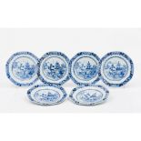 A set of six platesChinese export porcelain Blue decoration with river view and pagodas Qianlong