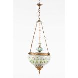 A three branch chandelierYellow metal and milk glass Polychrome floral decorationHeight: 34cm